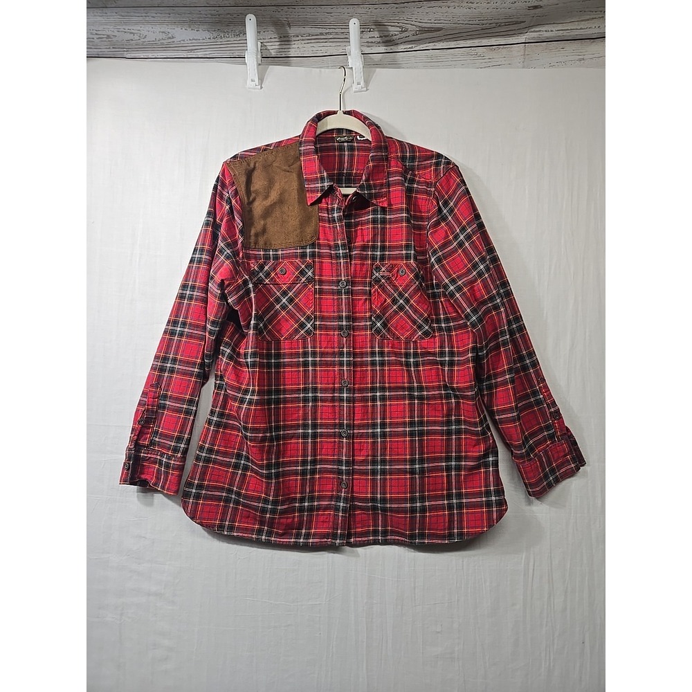 Eddie Bauer Sz XL Button‎ Up Shirt Red Plaid Flannel Faux Leather Shoulder Patch